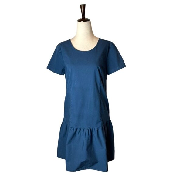 Universal Standard For‎ J Crew Blue Poplin Drop Waist Ruffle Hem Dress Size XS - Picture 2 of 11